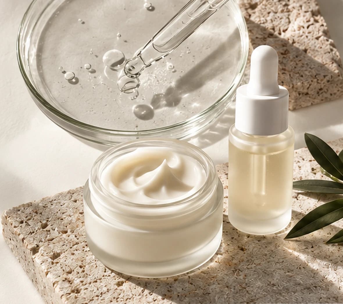 Conceptual editorial image of skincare cream, serum and sample materials